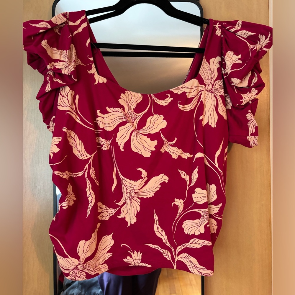 Express Pink and Beige Floral Blouse with Tie Back
